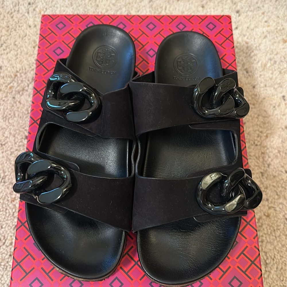 Tory Burch Adrien Slide Sandals with Chain Accents